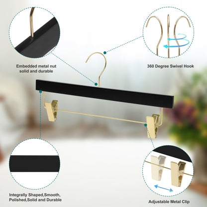 WS72-BK - Ultra Slim Skirt Pant Hangers + Clips, Black with Gold clips - 100 Pcs