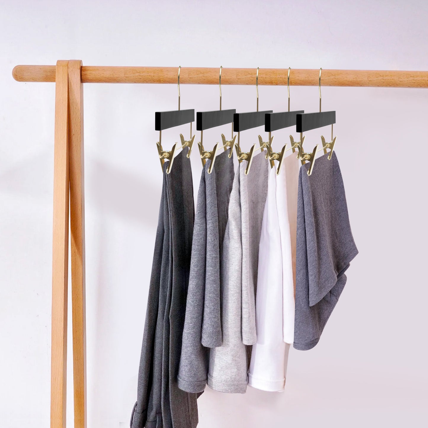 WS72-BK - Ultra Slim Skirt Pant Hangers + Clips, Black with Gold clips - 100 Pcs