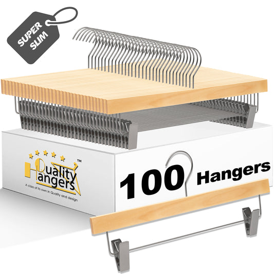 WS72 - Ultra Slim Skirt Pant Hangers + Clips Natural - 100 Hangers