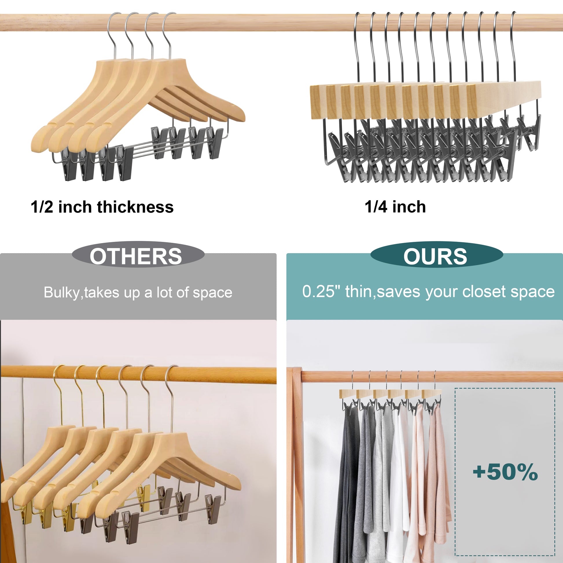 WS72 - Ultra Slim Skirt Pant Hangers + Clips Natural - 200 Hangers 