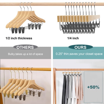 WS72 - Ultra Slim Skirt Pant Hangers + Clips Natural - 200 Hangers 