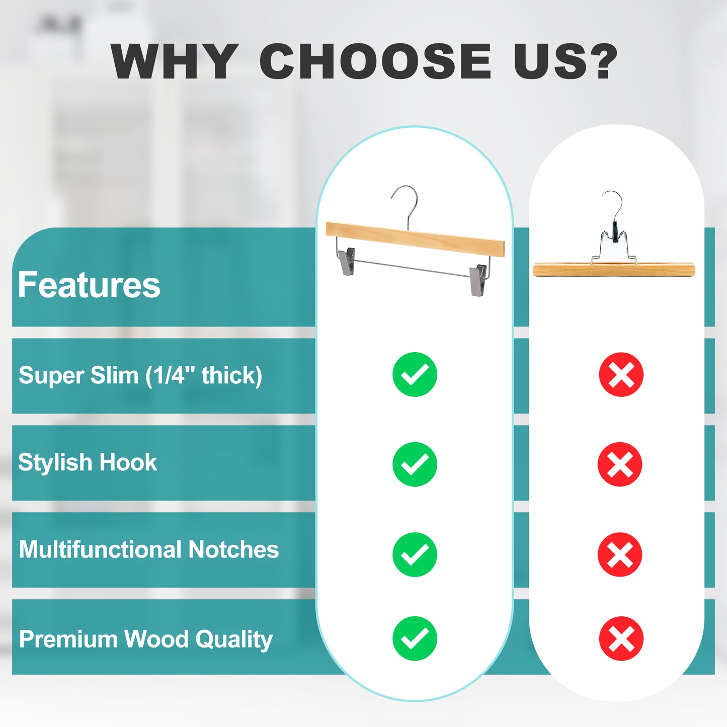 WS72 - Ultra Slim Skirt Pant Hangers + Clips Natural - 200 Hangers 