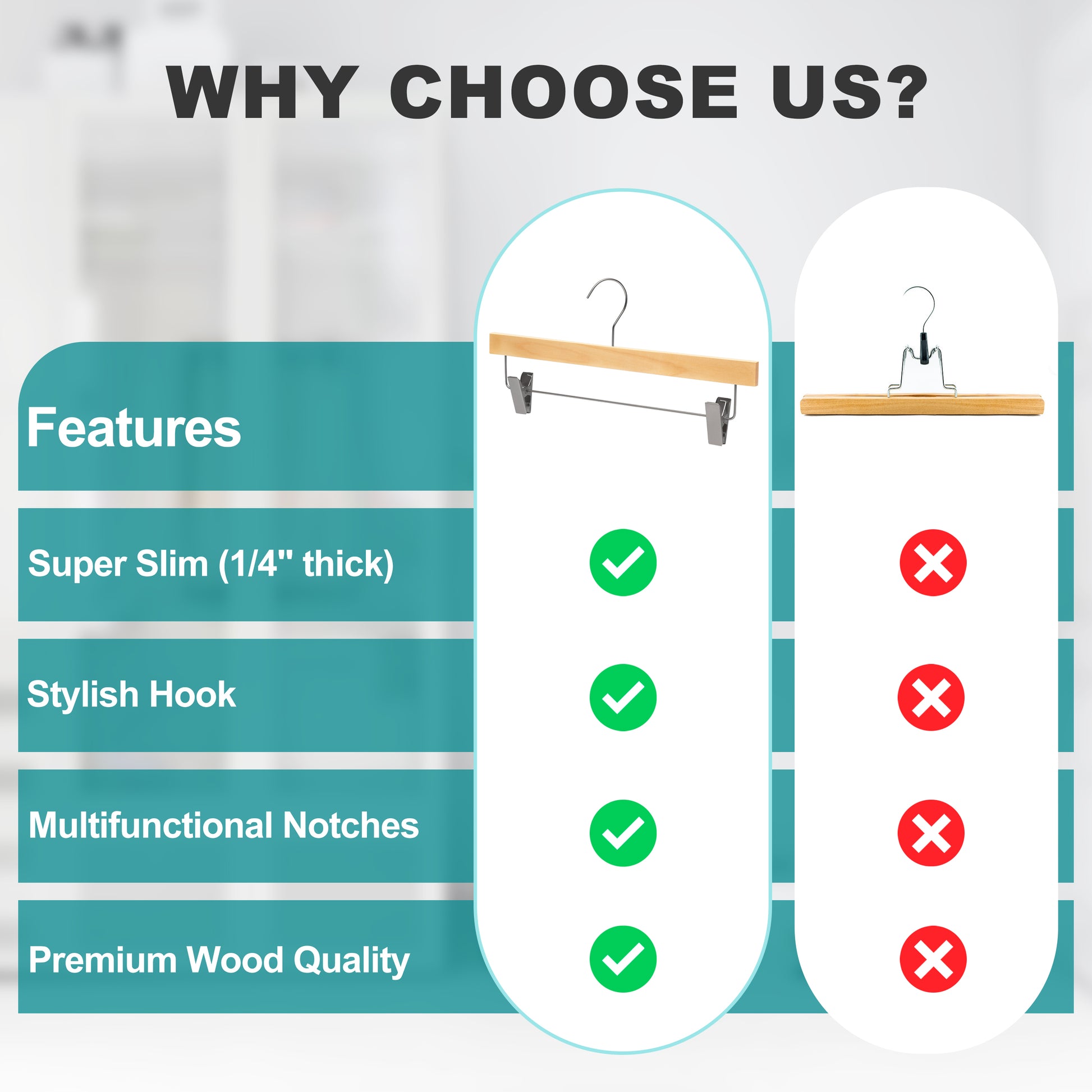 WS72 - Ultra Slim Skirt Pant Hangers + Clips Natural - 200 Hangers 