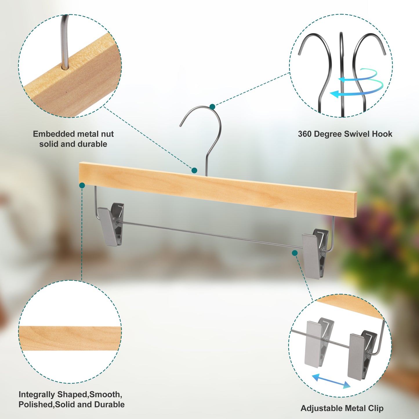 WS72 - Ultra Slim Skirt Pant Hangers + Clips Natural - 200 Hangers 