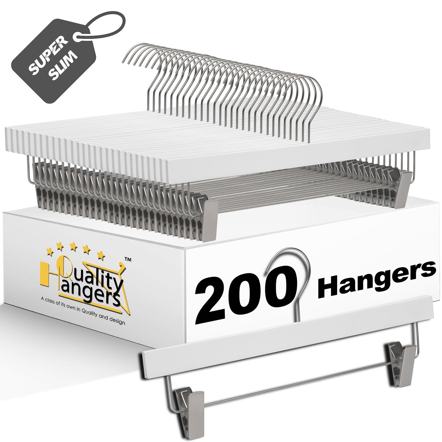 WS72-WT - Ultra Slim Skirt Pant Hangers + Clips White - 200 Pcs