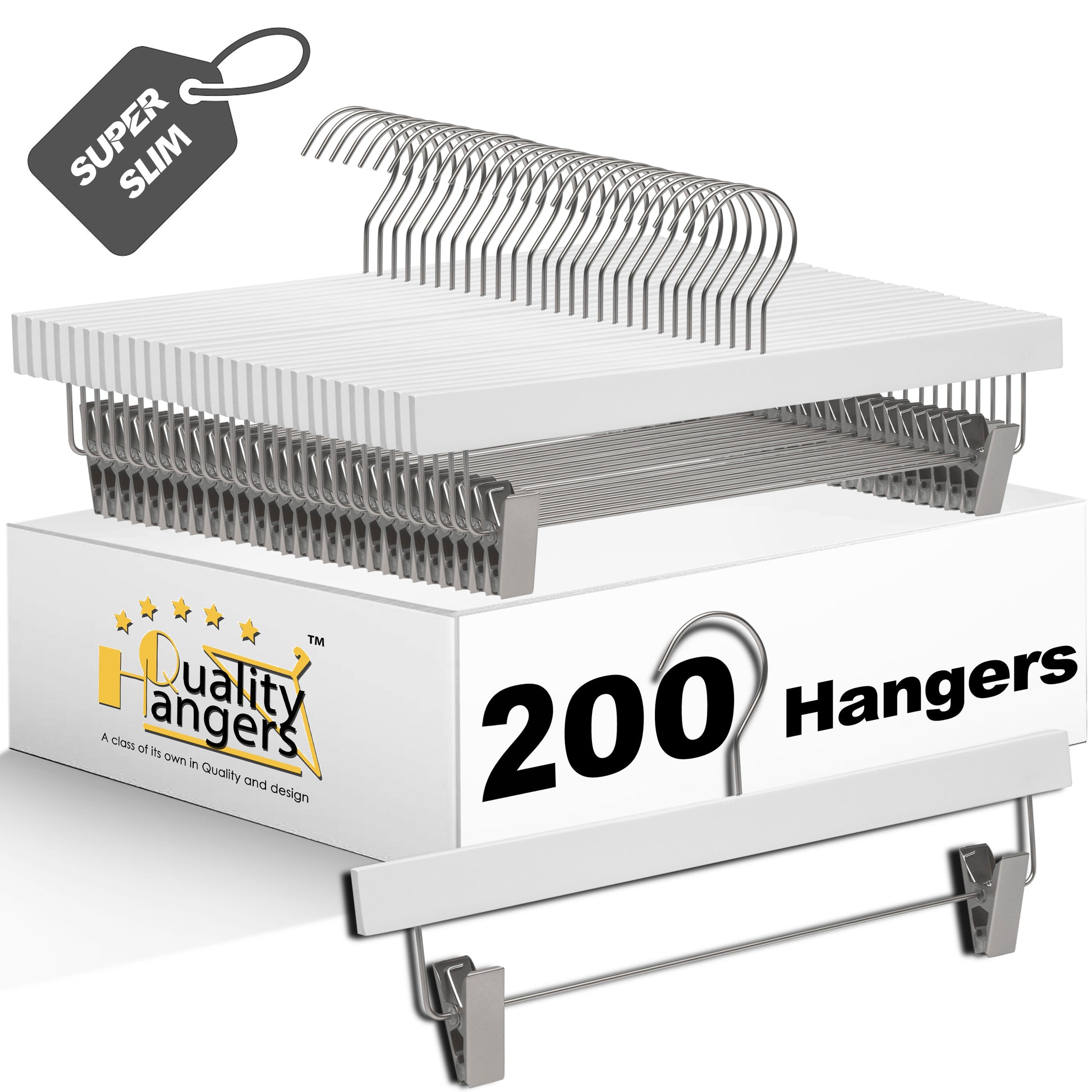 WS72-WT - Ultra Slim Skirt Pant Hangers + Clips White - 200 Pcs