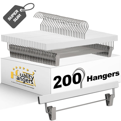 WS72-WT - Ultra Slim Skirt Pant Hangers + Clips White - 200 Pcs