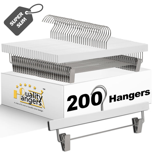 WS72-WT - Ultra Slim Skirt Pant Hangers + Clips White - 200 Pcs