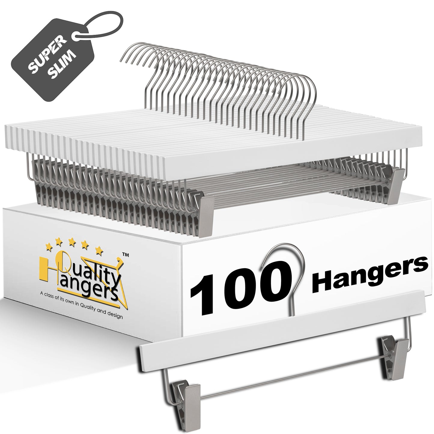 WS72 - Ultra Slim Skirt Pant Hangers + Clips White - 100 Pcs