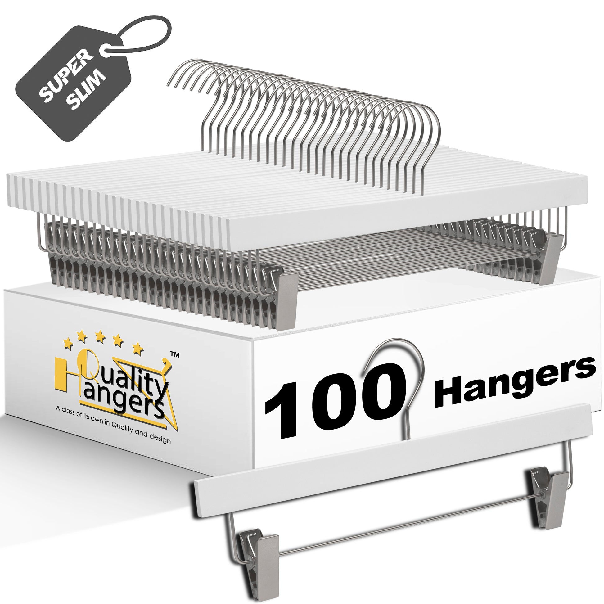WS72 - Ultra Slim Skirt Pant Hangers + Clips White - 100 Pcs