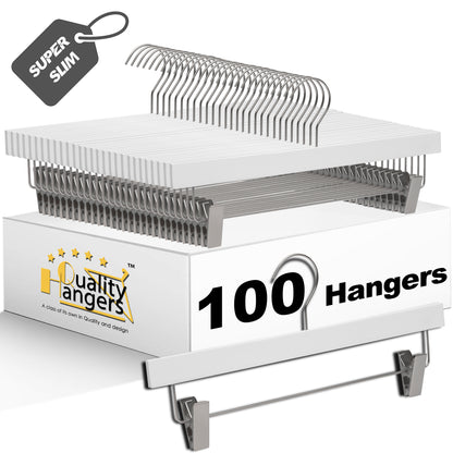 WS72 - Ultra Slim Skirt Pant Hangers + Clips White - 100 Pcs