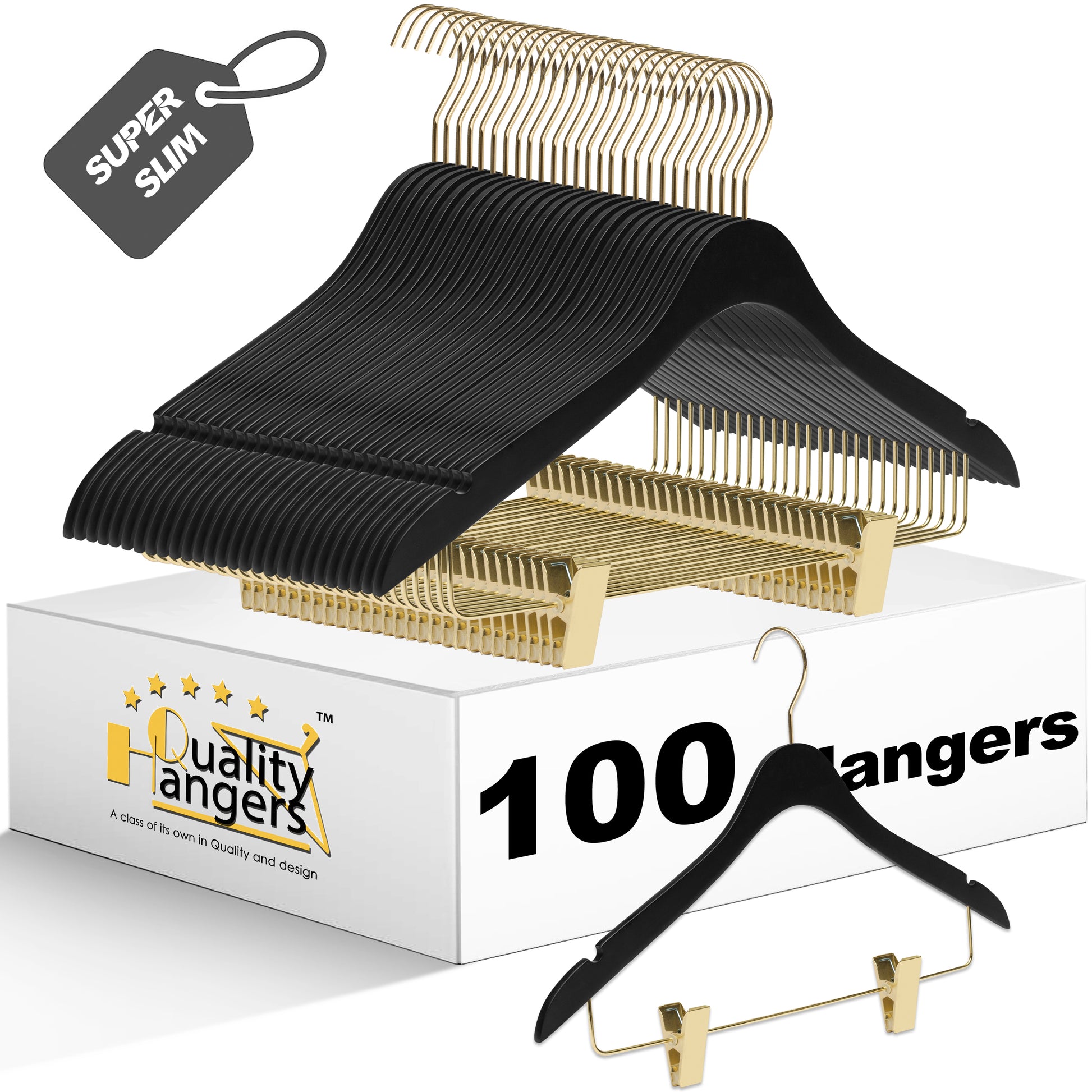 WS73-BK - Ultra Slim Skirt Pant Hangers + Clips Black with Gold clips - 100 Pcs 