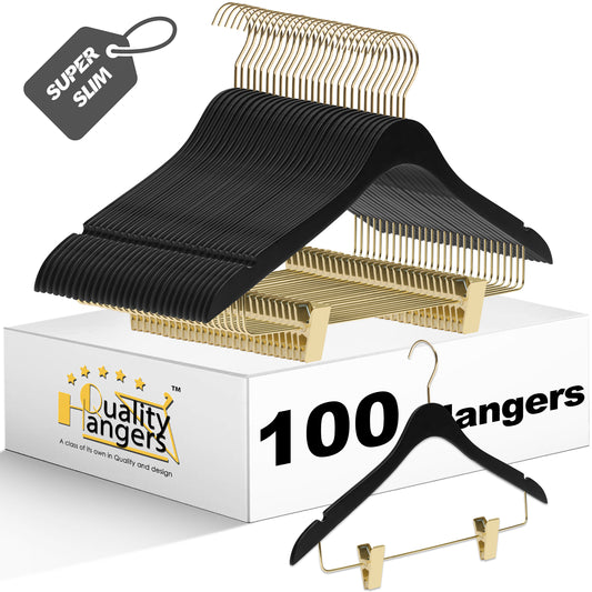 WS73-BK - Ultra Slim Skirt Pant Hangers + Clips Black with Gold clips - 100 Pcs 