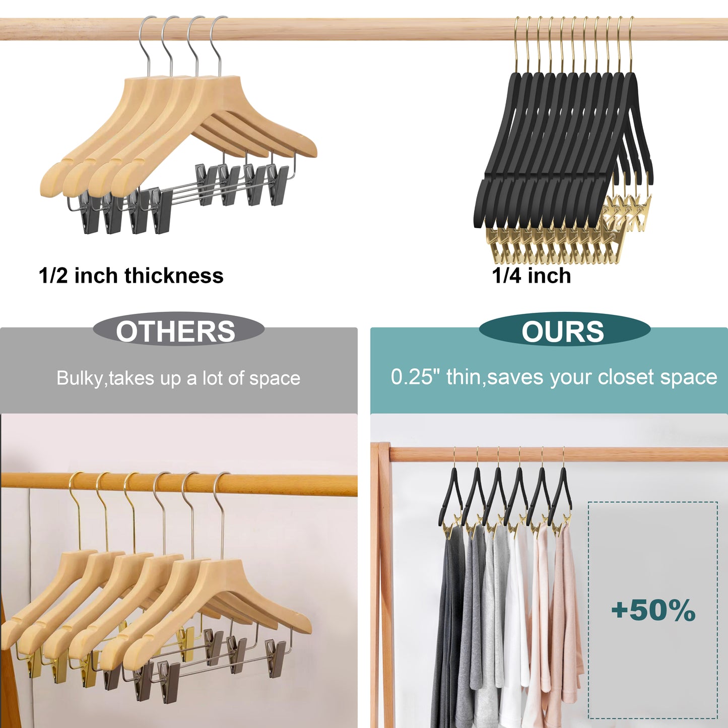 WS73-BK - Ultra Slim Skirt Pant Hangers + Clips Black with Gold clips - 100 Pcs 