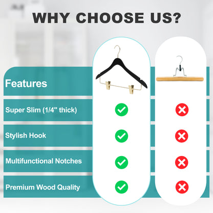 WS73-BK - Ultra Slim Skirt Pant Hangers + Clips Black with Gold clips - 100 Pcs 