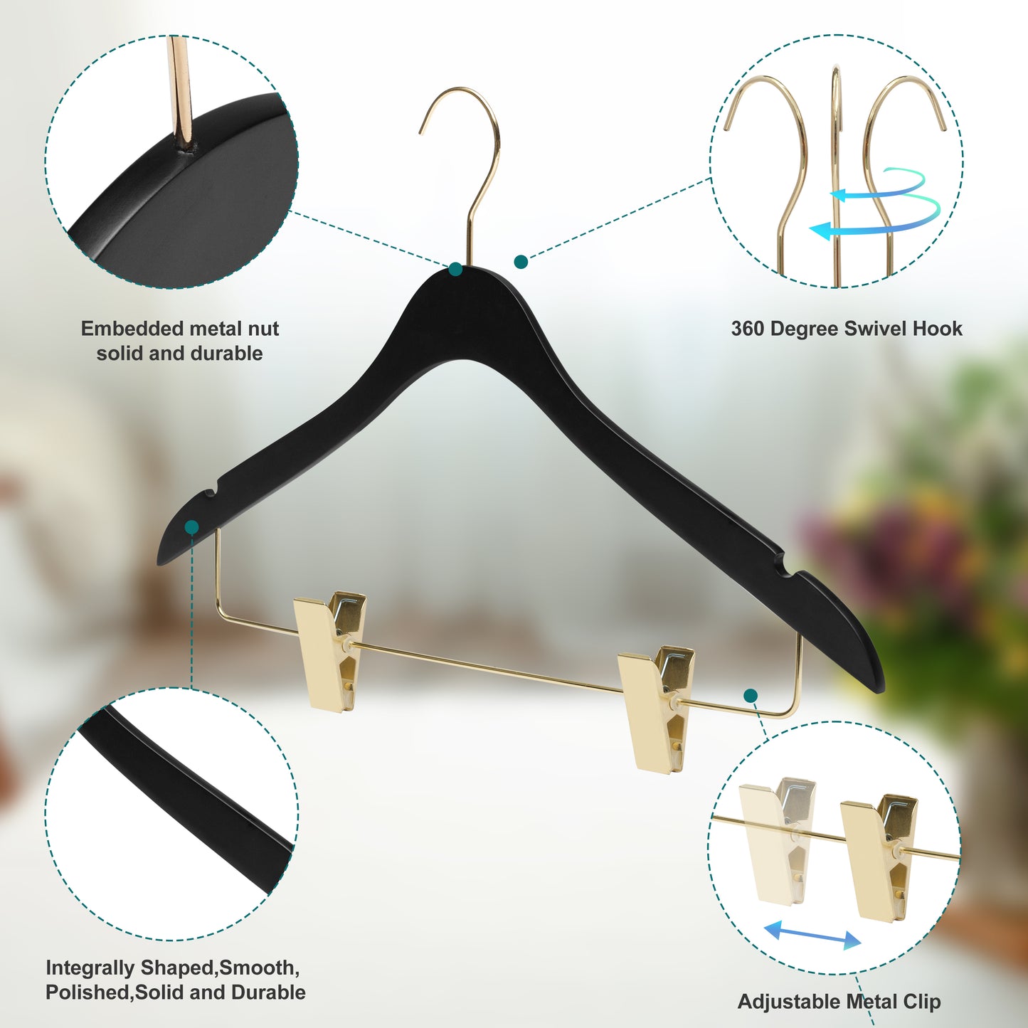 WS73-BK - Ultra Slim Skirt Pant Hangers + Clips Black with Gold clips - 100 Pcs 