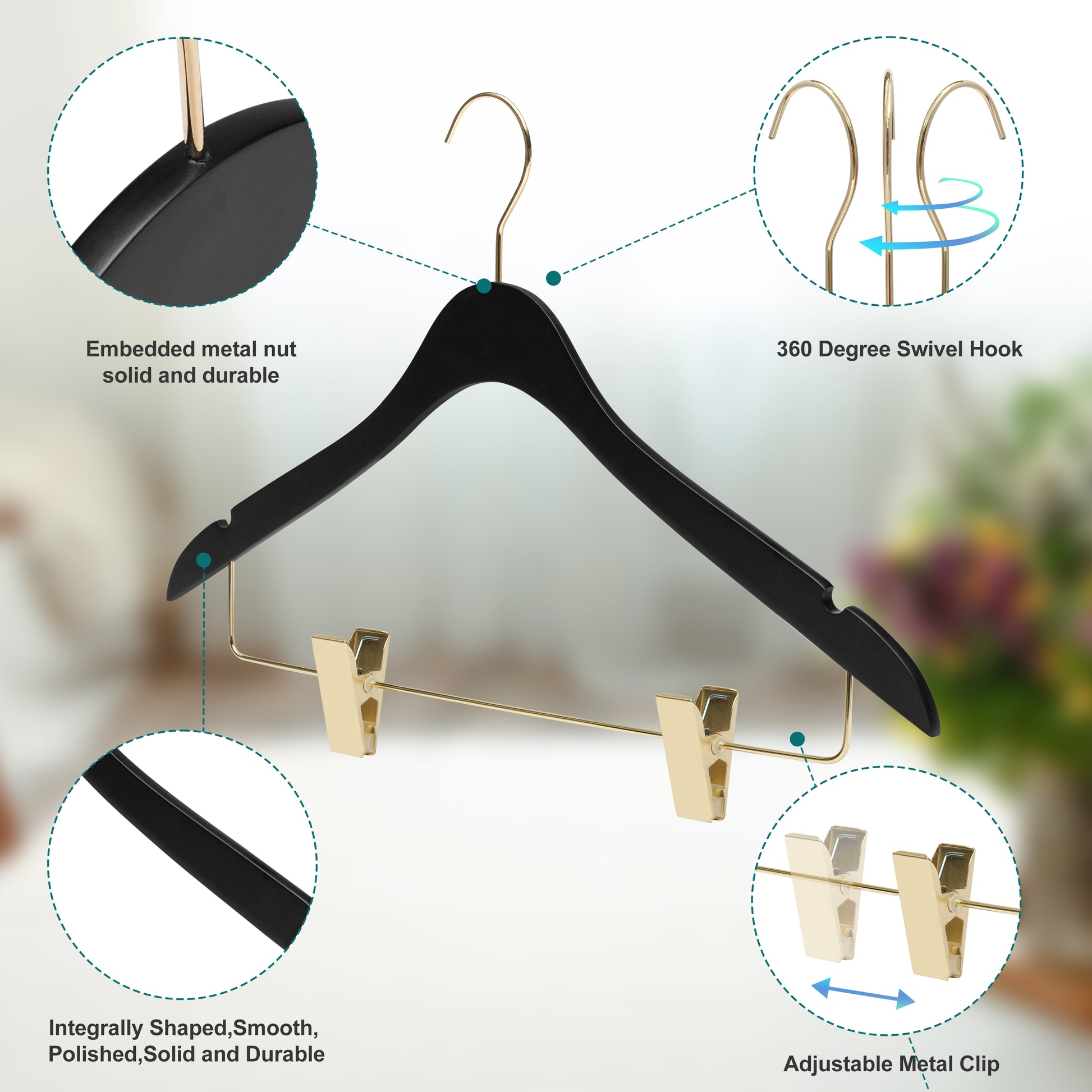 WS73-BK - Ultra Slim Skirt Pant Hangers + Clips Black with Gold clips - 100 Pcs 