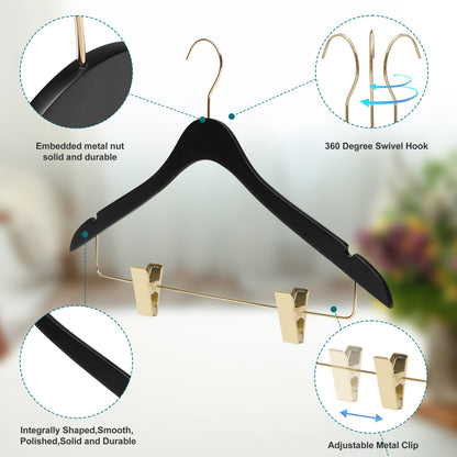 WS73-BK - Ultra Slim Skirt Pant Hangers + Clips Black with Gold clips - 100 Pcs 