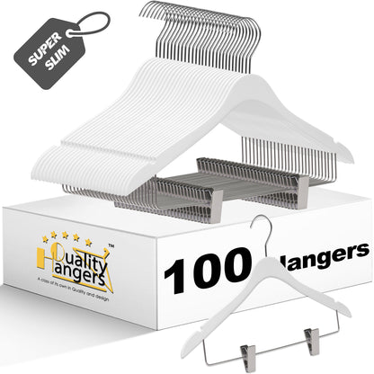 WS73-WT - Ultra Slim Skirt plus shirt Hangers + Clips White with Chrome clips - 100 Pcs 