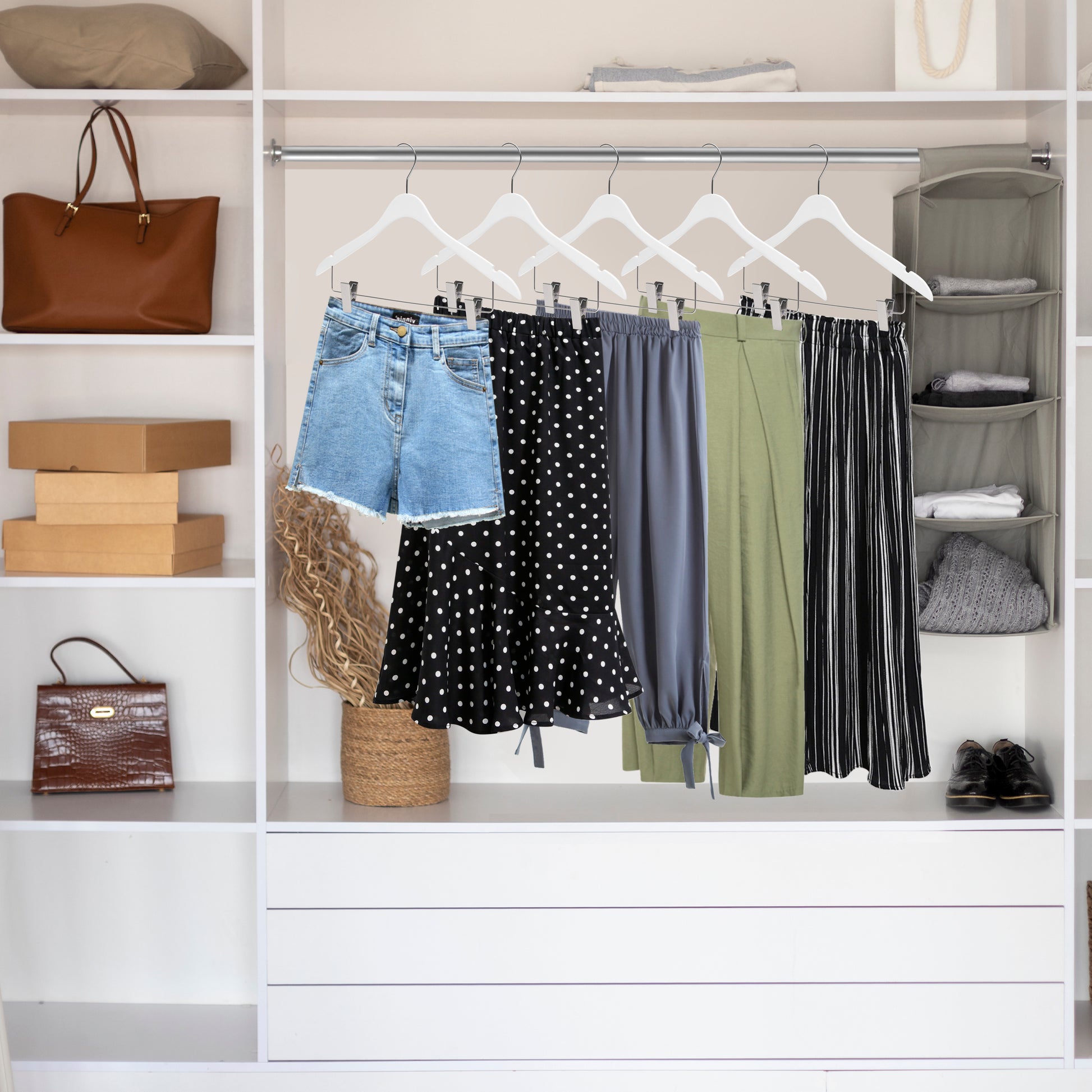 WS73-WT - Ultra Slim Skirt plus shirt Hangers + Clips White with Chrome clips - 100 Pcs 