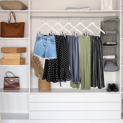 WS73-WT - Ultra Slim Skirt plus shirt Hangers + Clips White with Chrome clips - 100 Pcs 