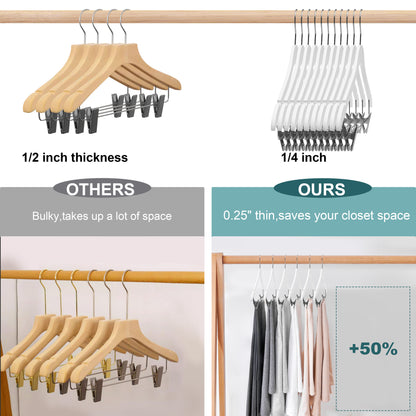 WS73-WT - Ultra Slim Skirt plus shirt Hangers + Clips White with Chrome clips - 100 Pcs 