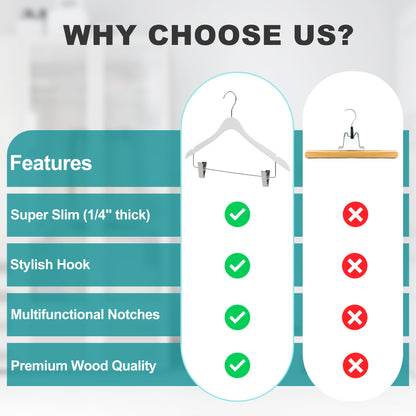 WS73-WT - Ultra Slim Skirt plus shirt Hangers + Clips White with Chrome clips - 100 Pcs 