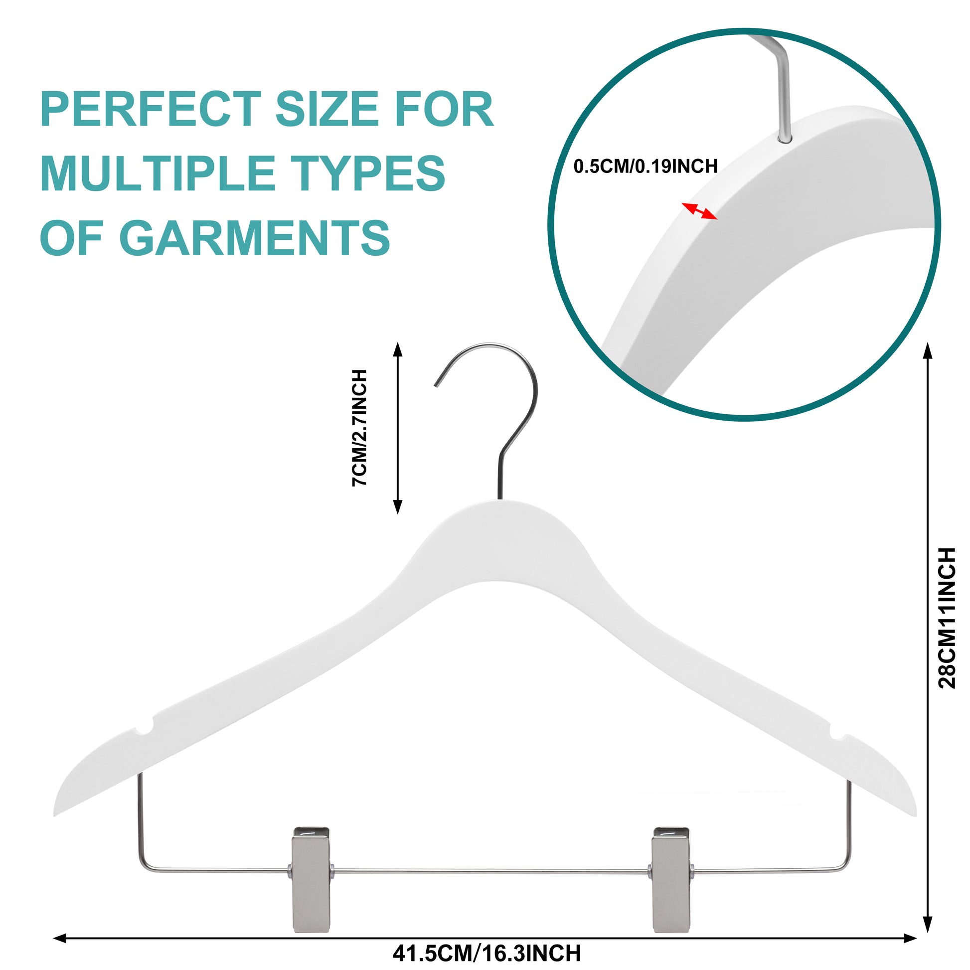 WS73-WT - Ultra Slim Skirt plus shirt Hangers + Clips White with Chrome clips - 100 Pcs 