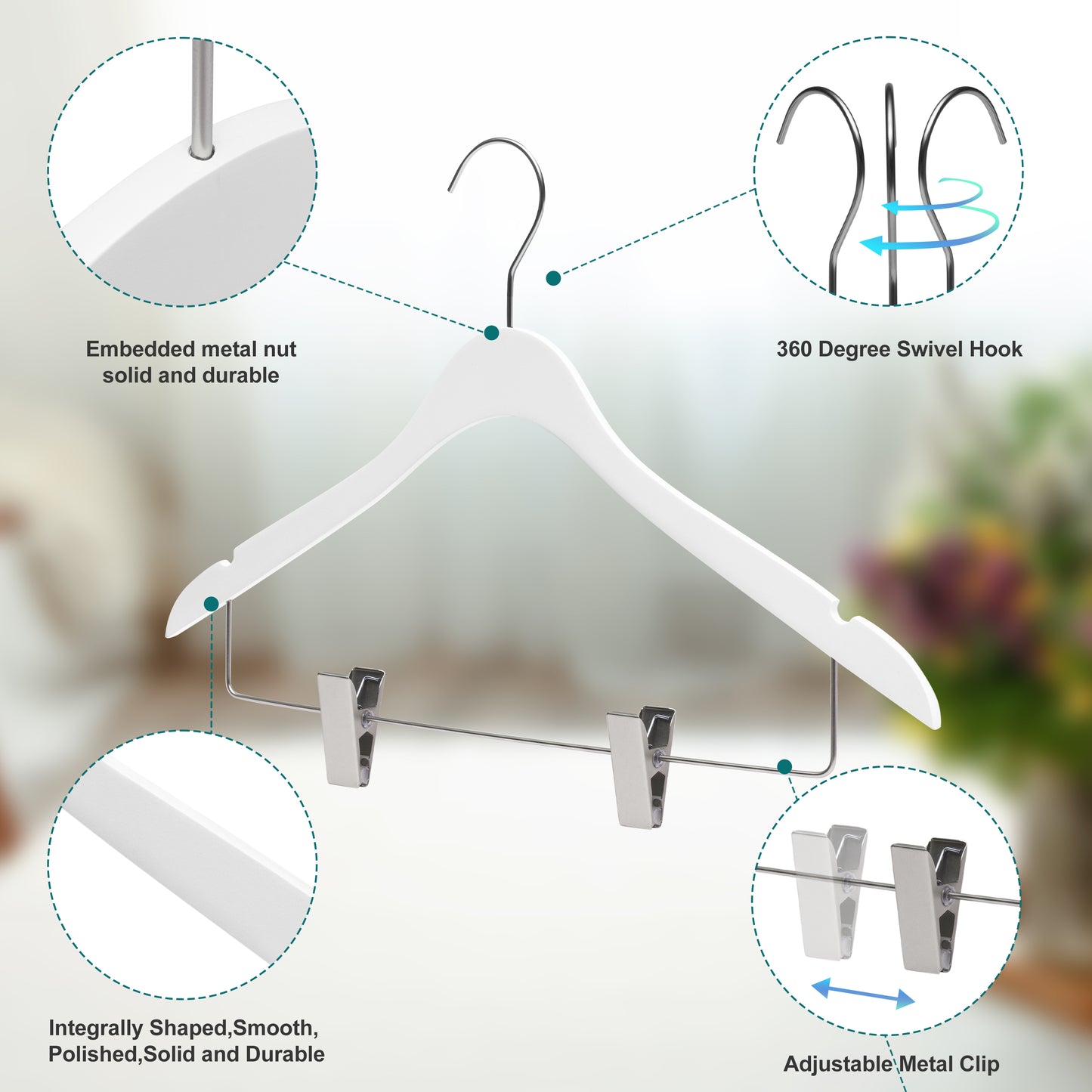 WS73-WT - Ultra Slim Skirt plus shirt Hangers + Clips White with Chrome clips - 100 Pcs 