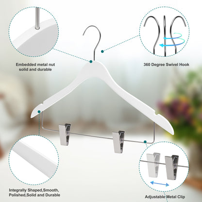 WS73-WT - Ultra Slim Skirt plus shirt Hangers + Clips White with Chrome clips - 100 Pcs 