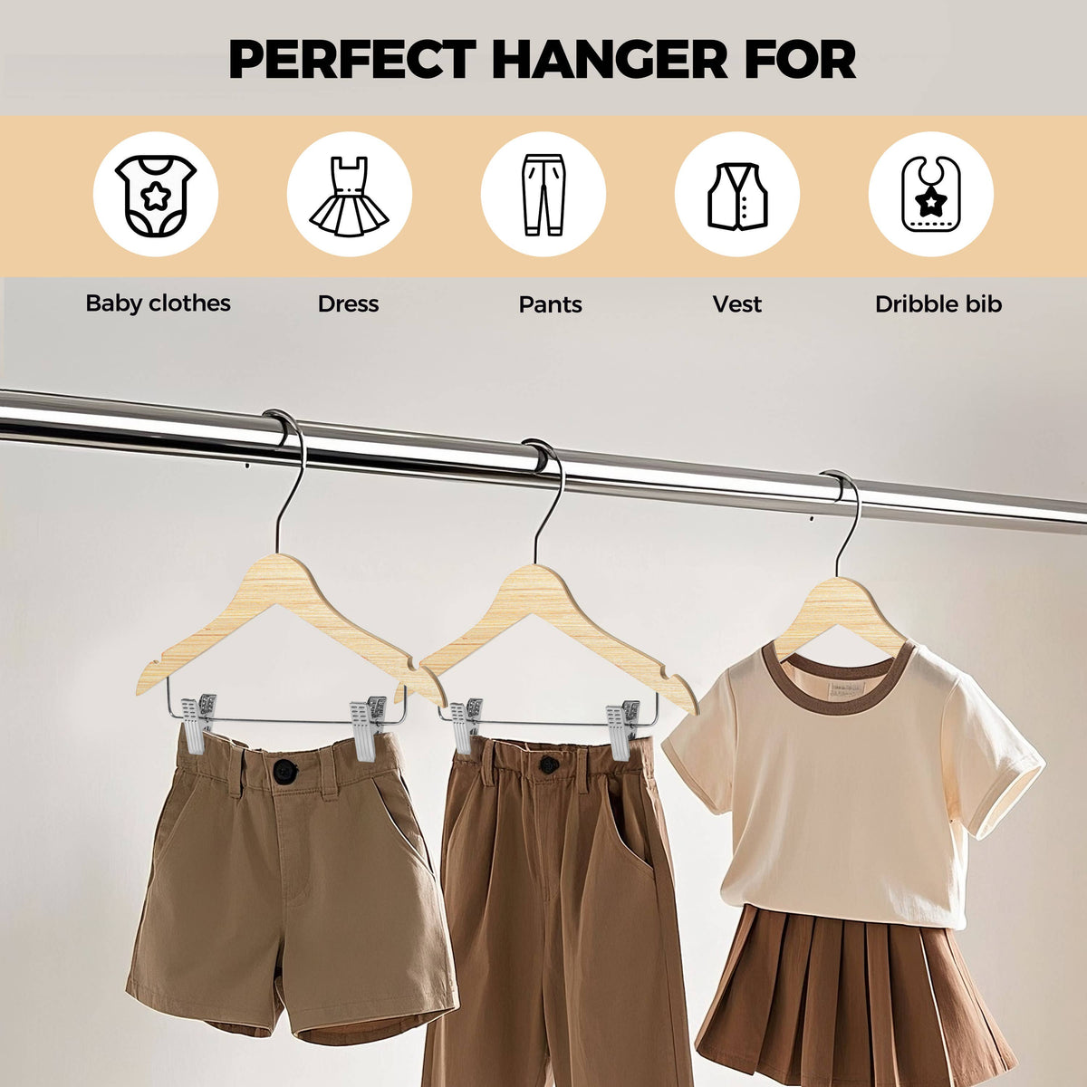 WLMK33-NT – Kids Slim Plywood Wooden Pant Hanger with Clips – 12" – Natural
