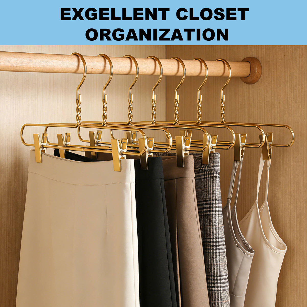 AL28 – Heavy-Duty Aluminum Skirt & Pant Hanger with Clips – 14" – Gold / Silver