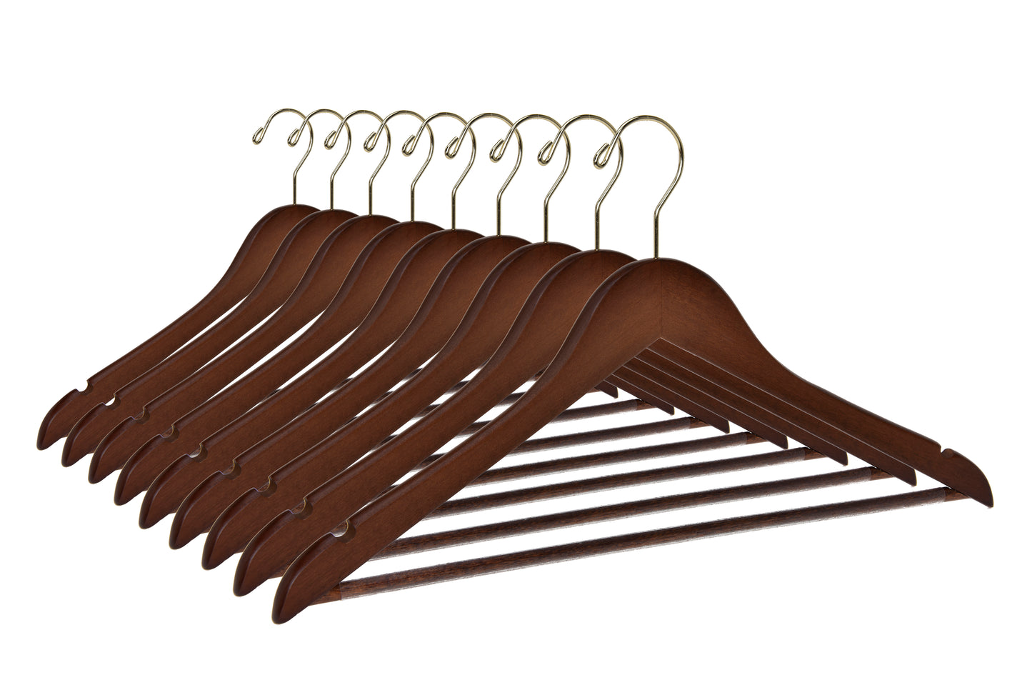 W010 - Semi Curved Wooden Suit Coat Hangers, 17.5" Walnut-Gold - 90