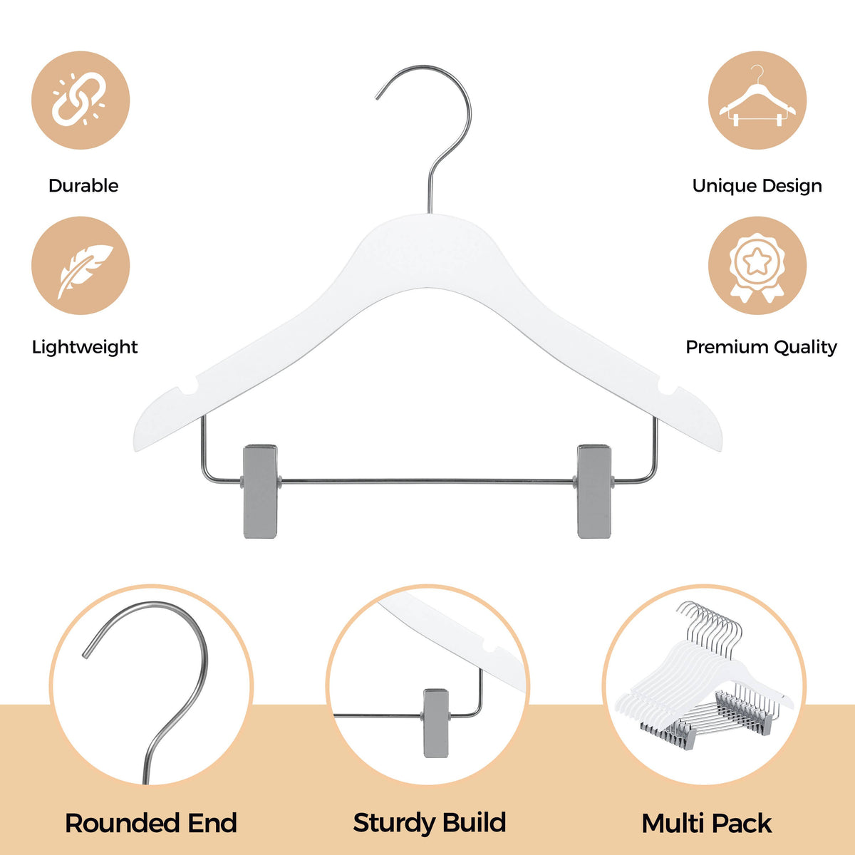 WSK73-WT – Kids Ultra-Slim Wooden Skirt & Pant Hanger with Clips – 12" – White