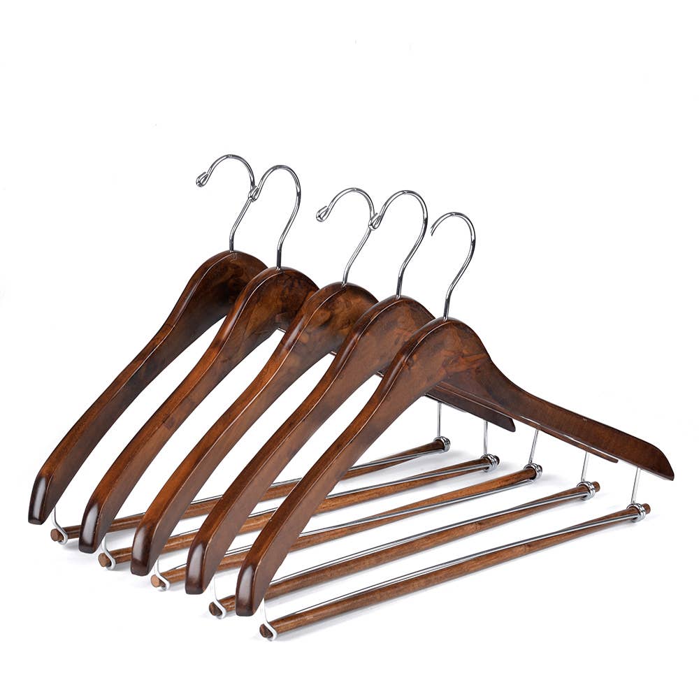 W5421 – Curved Wooden Coat & Suit Hanger with Locking Bar – 17" – Retro