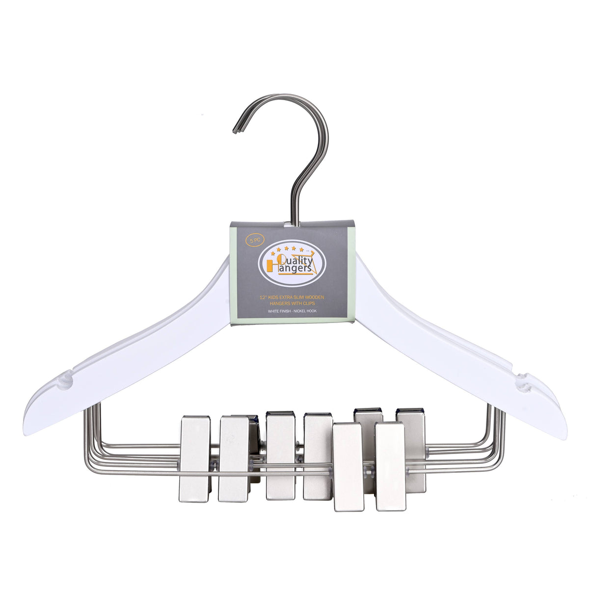 WSK73-WT – Kids Ultra-Slim Wooden Skirt & Pant Hanger with Clips – 12" – White