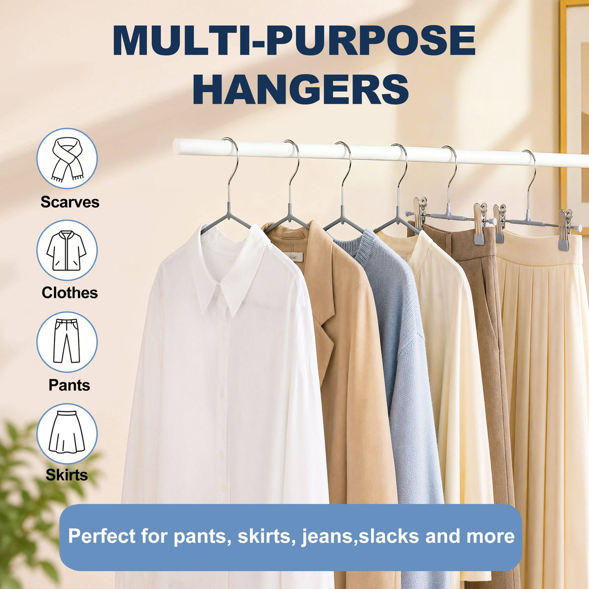 PVC32-GY – Non-Slip PVC-Coated Metal Skirt & Pant Hanger with Clips – 13" – Gray