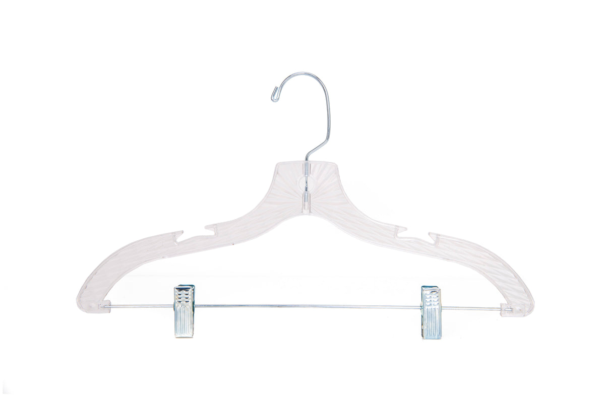 5502 – Crystal Clear Plastic Skirt & Pant Hanger with Clips – 17" – Clear