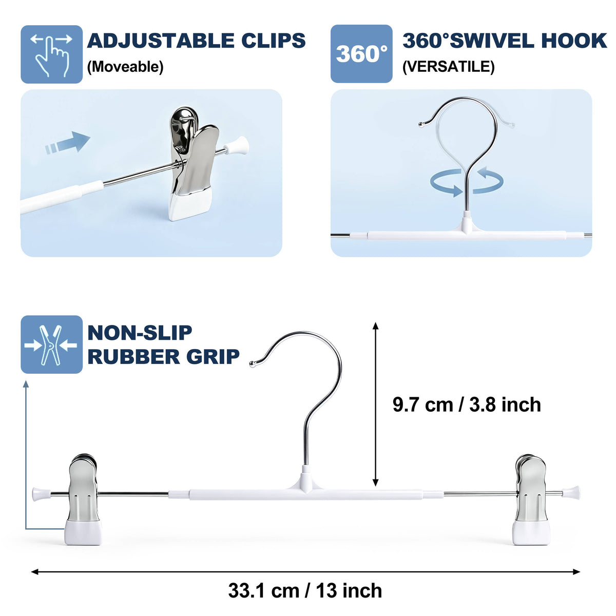 PVC32-WT – Non-Slip PVC-Coated Metal Skirt & Pant Hanger with Clips – 13" – White
