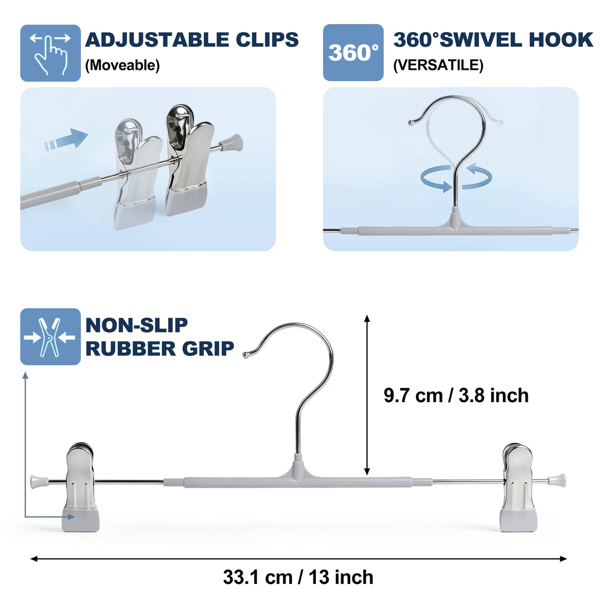PVC32-GY – Non-Slip PVC-Coated Metal Skirt & Pant Hanger with Clips – 13" – Gray