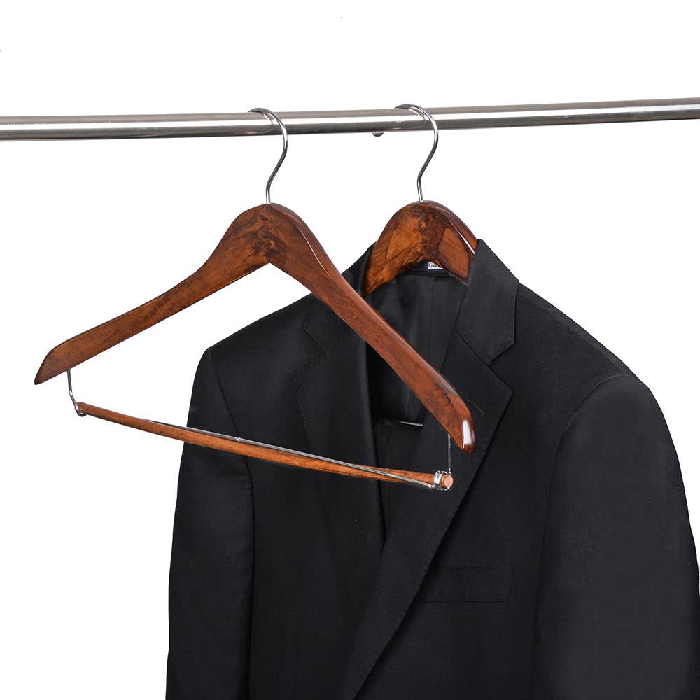 W5421 – Curved Wooden Coat & Suit Hanger with Locking Bar – 17" – Retro
