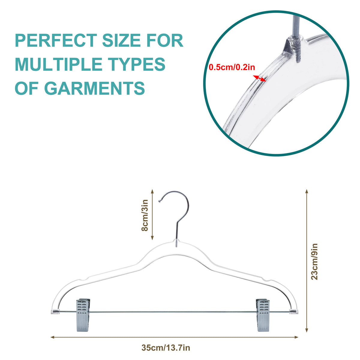 P355-CH – Kids Slim Plastic Skirt Hanger with Clips – 13.7" – Clear / Chrome Hook