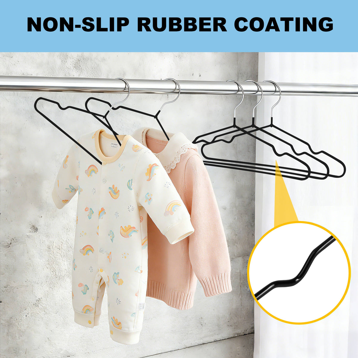 PVC41 – Kids Non-Slip PVC-Coated Metal Shirt Hanger with Notches – 12" – Black / White / Gray