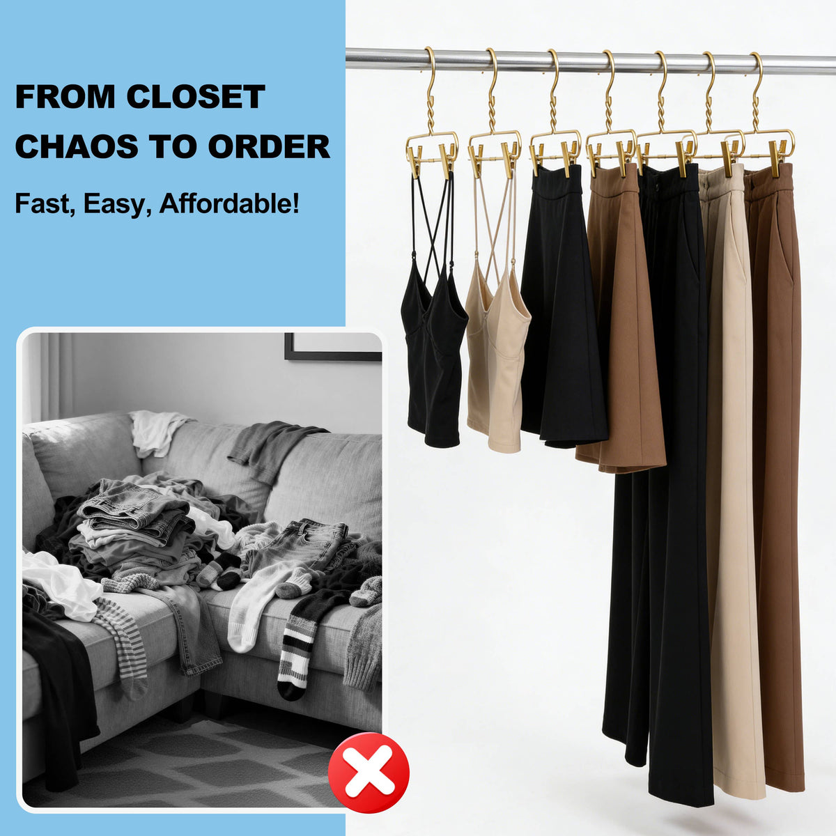AL28 – Heavy-Duty Aluminum Skirt & Pant Hanger with Clips – 14" – Gold / Silver