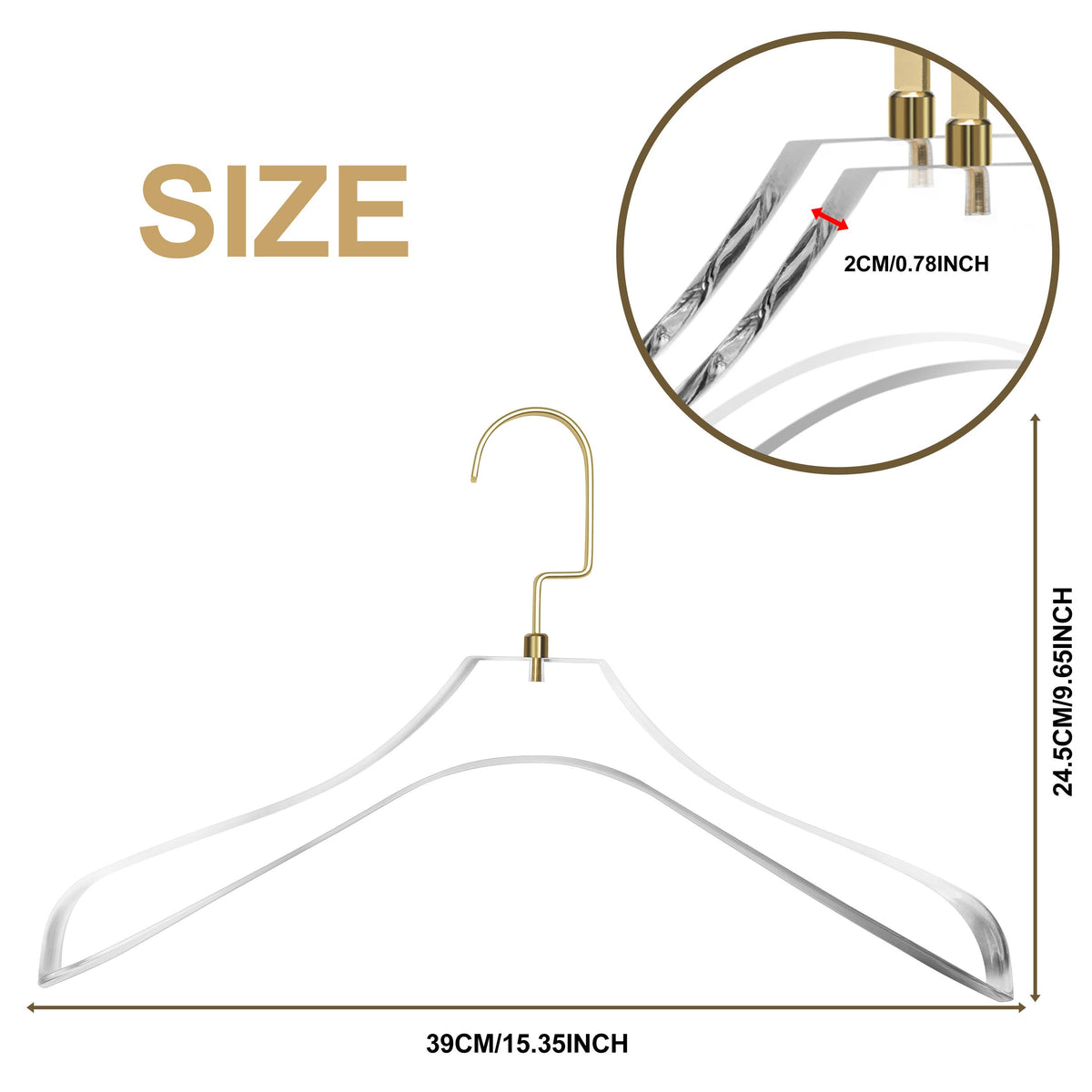 AC40-2-SL – Curved Clear Acrylic Coat & Suit Hanger with Wide Hook – 15.5" – Clear / Matte Silver Hook
