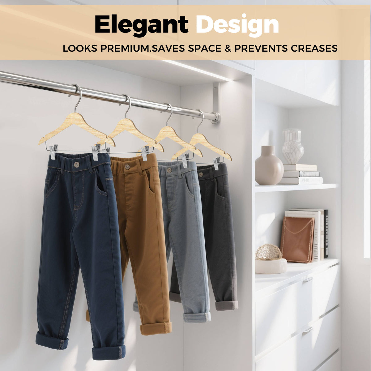 WLMK33-NT – Kids Slim Plywood Wooden Pant Hanger with Clips – 12" – Natural