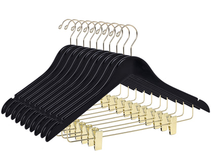 W072 - Semi Curved Wooden Skirt Hangers - Black with Gold Hook