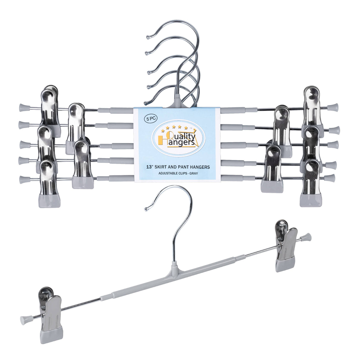PVC32-GY – Non-Slip PVC-Coated Metal Skirt & Pant Hanger with Clips – 13" – Gray