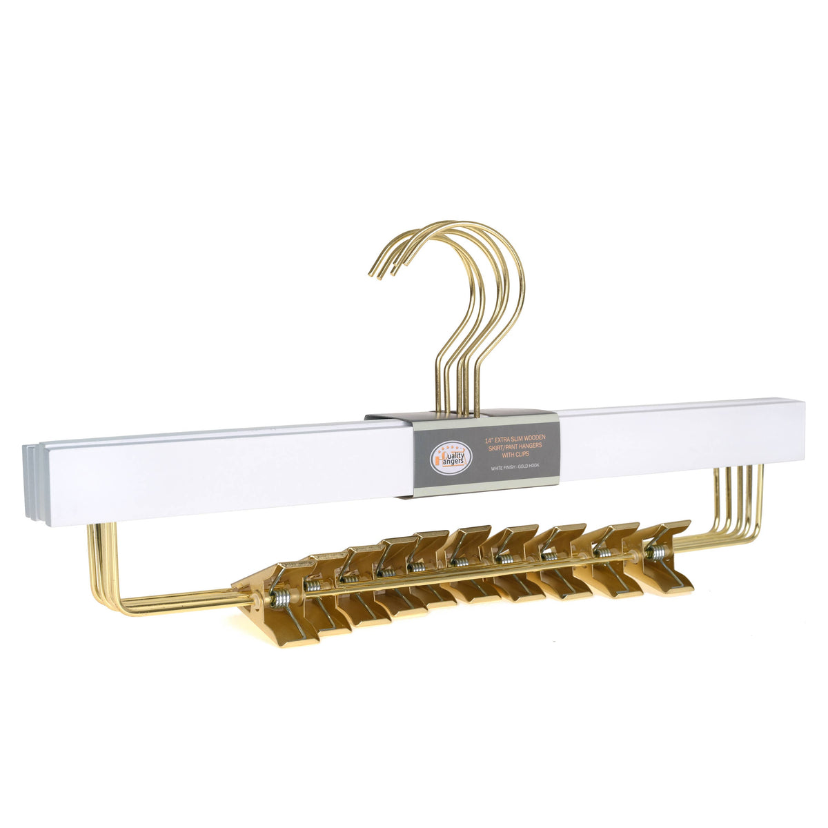 WS72-WT-GL – Ultra-Slim Wooden Skirt & Pant Hanger with Clips – 14" – White / Gold Hook