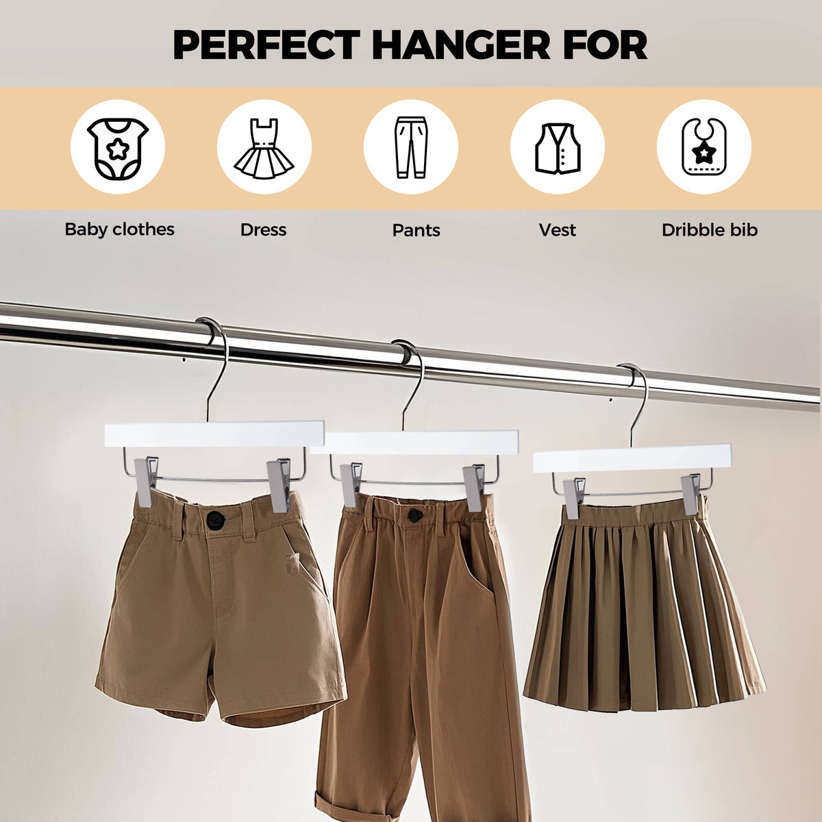 WSK72-WT – Kids Ultra-Slim Straight Wooden Skirt & Pant Hanger with Clips – 11" – White